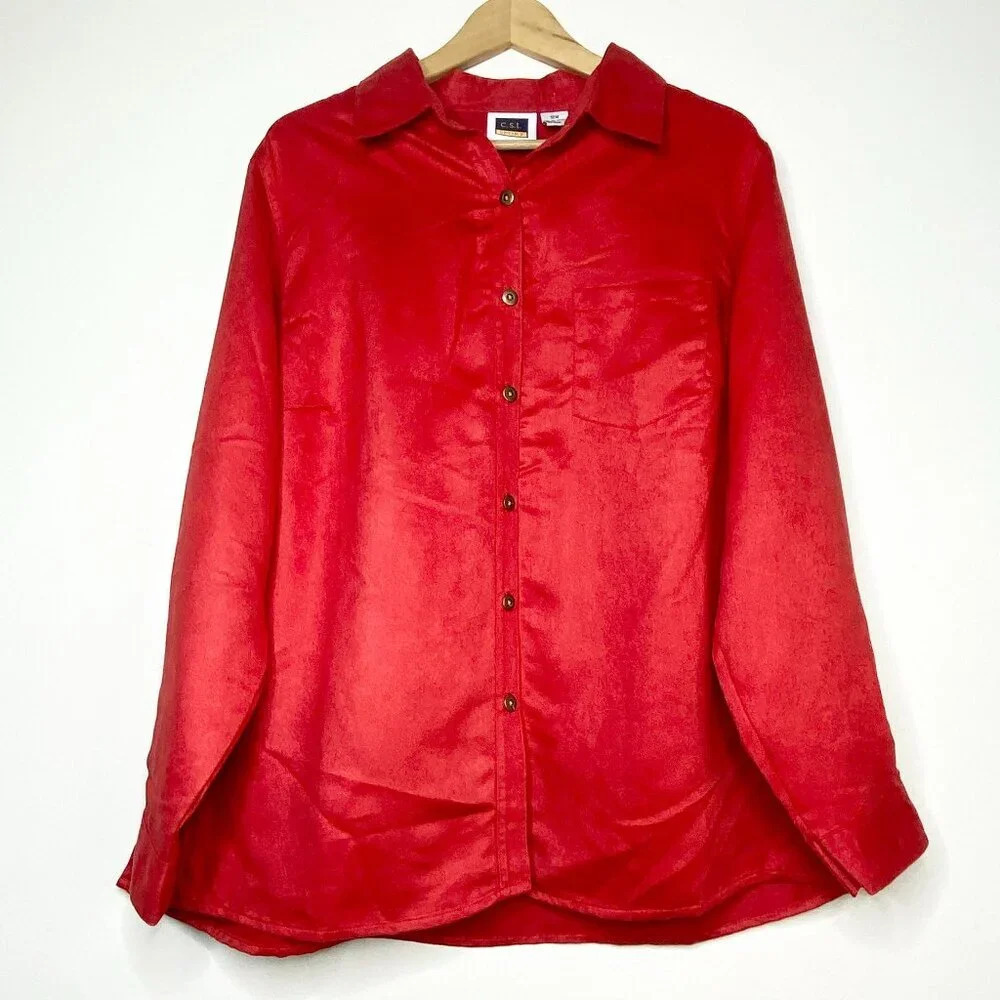 Vintage C.S.T. Sport 18W Red Button Down Blouse Plus Size Suede-Feel Office Top